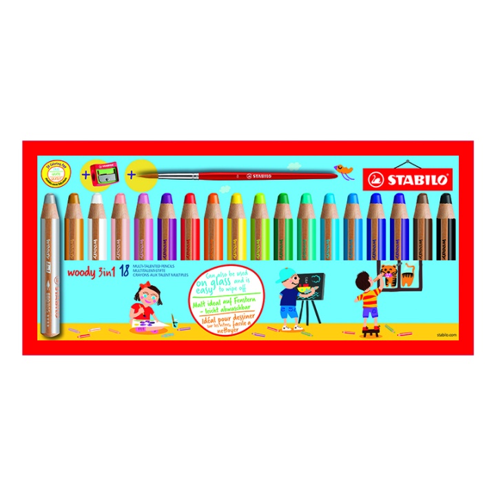 Woody 3-in-1-Buntstifte 18er-Set + Anspitzer und Pinsel (ab 3 Jahren) in der Gruppe Kids / Stifte für Kinder / Buntstifte für Kinder bei Pen Store (100445)