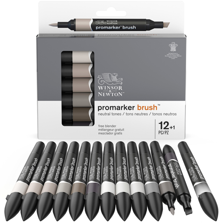 ProMarker Brush Neutral Tones 12er-Set + Blender in der Gruppe Stifte / Künstlerstifte / Pinselstifte bei Pen Store (100556)