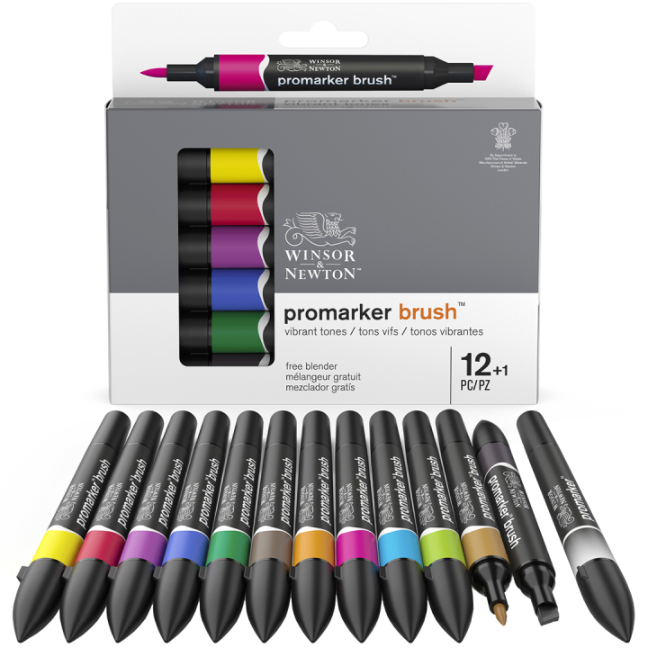 ProMarker Brush Vibrant Tones 12er-Set + Blender in der Gruppe Stifte / Künstlerstifte / Illustrationsmarker bei Pen Store (100557)