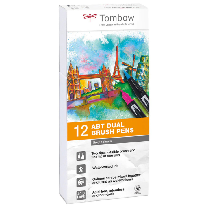 ABT Dual Brush Stift 12er-Set Grey in der Gruppe Stifte / Künstlerstifte / Pinselstifte bei Pen Store (101093)