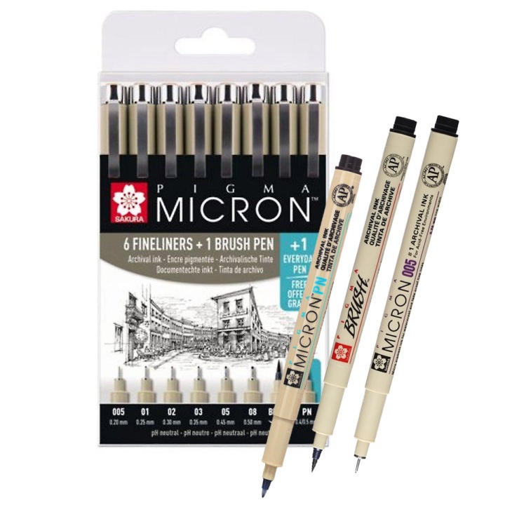 Pigma Micron Fineliner 6er-Set + 1 Brush Pen + 1 PN in der Gruppe Stifte / Schreiben / Fineliner bei Pen Store (103855)