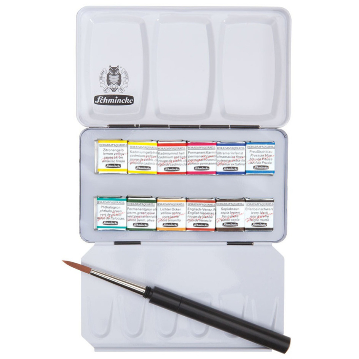 Horadam Aquarell Metal 12er-Set + Pinsel in der Gruppe Künstlerbedarf / Künstlerfarben / Aquarell / Aquarellfarbe im Napf bei Pen Store (110726)
