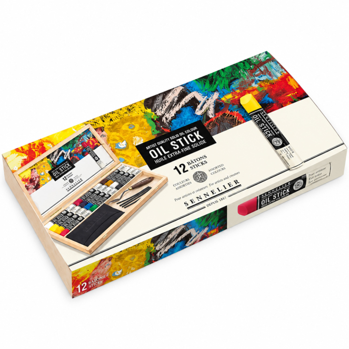 Oil Stick Holzschachtel 12er-Set + Zubehör in der Gruppe Künstlerbedarf / Buntstifte und Bleistifte / Ölkreiden bei Pen Store (138092)