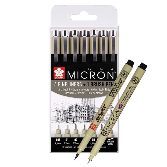 Pigma Micron Fineliner 6er-Set + 1 Brush Pen