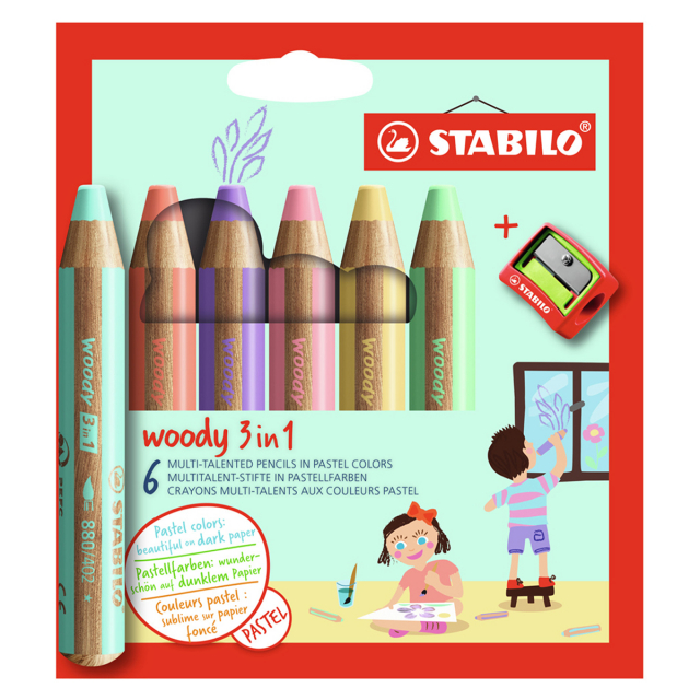Woody 3-in-1-Buntstifte Pastell 6er-Set + Anspitzer (ab 3 Jahren)