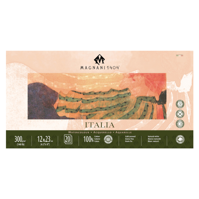 Aquarellpapier Italia 100% Baumwolle 300g Fine Grain 12x23cm 20 Sheets