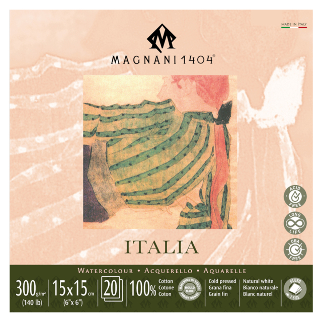 Aquarellpapier Italia 100% Baumwolle 300g Fine Grain 15x15cm 20 Sheets