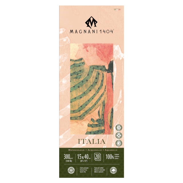 Aquarellpapier Italia 100% Baumwolle 300g Fine Grain 15x40cm 20 Sheets