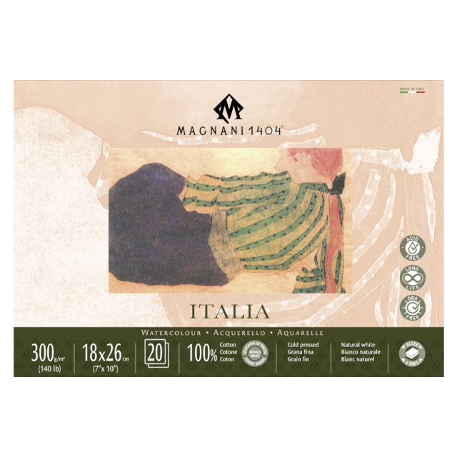 Aquarellpapier Italia 100% Baumwolle 300g Fine Grain 18x26cm 20 Sheets