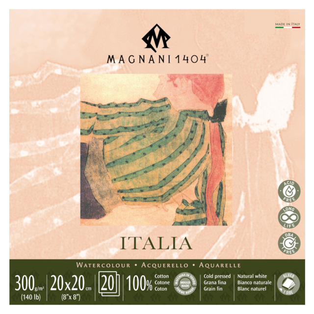 Aquarellpapier Italia 100% Baumwolle 300g Fine Grain 20x20cm 20 Sheets