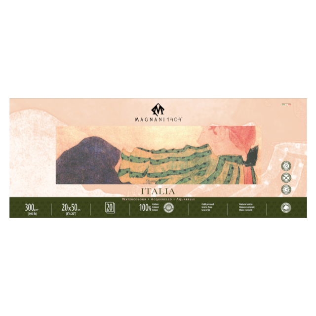Aquarellpapier Italia 100% Baumwolle 300g Fine Grain 20x50cm 20 Sheets