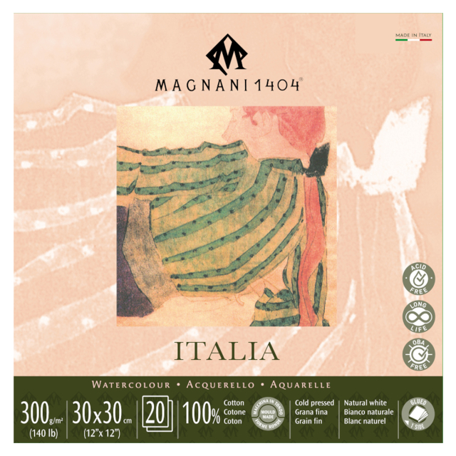 Aquarellpapier Italia 100% Baumwolle 300g Fine Grain 30x30cm 20 Sheets