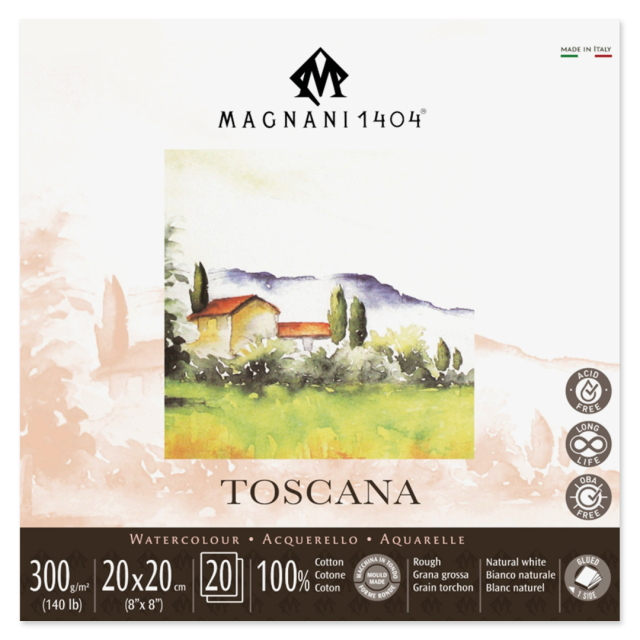 Aquarellpapier Toscana 100% Baumwolle 300g Rough 20x20cm 20 Sheets
