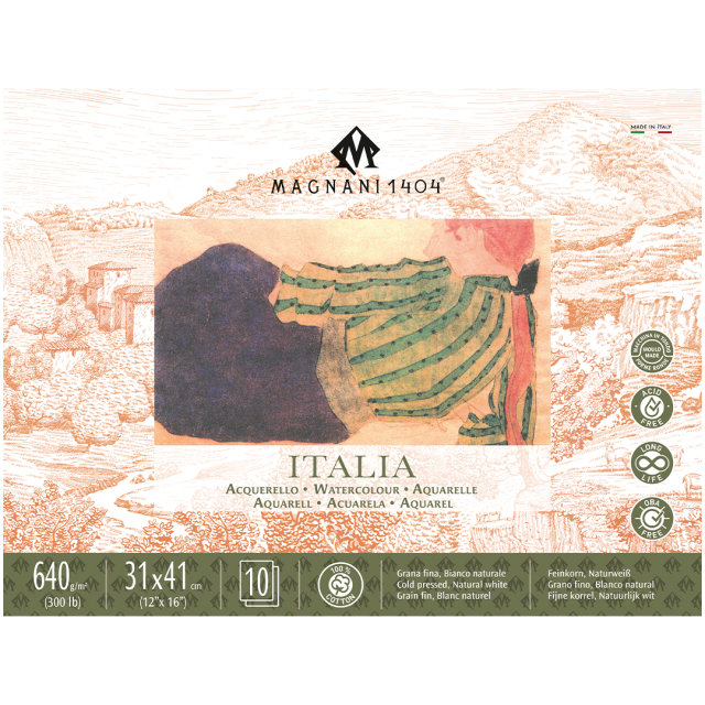 Aquarellpapier Italia 100% Baumwolle 640g Fine Grain 31x41cm 10 Sheets