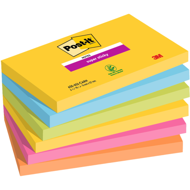 Post-it Super Sticky 76x127 Farbmix Carnival 6er-Pack